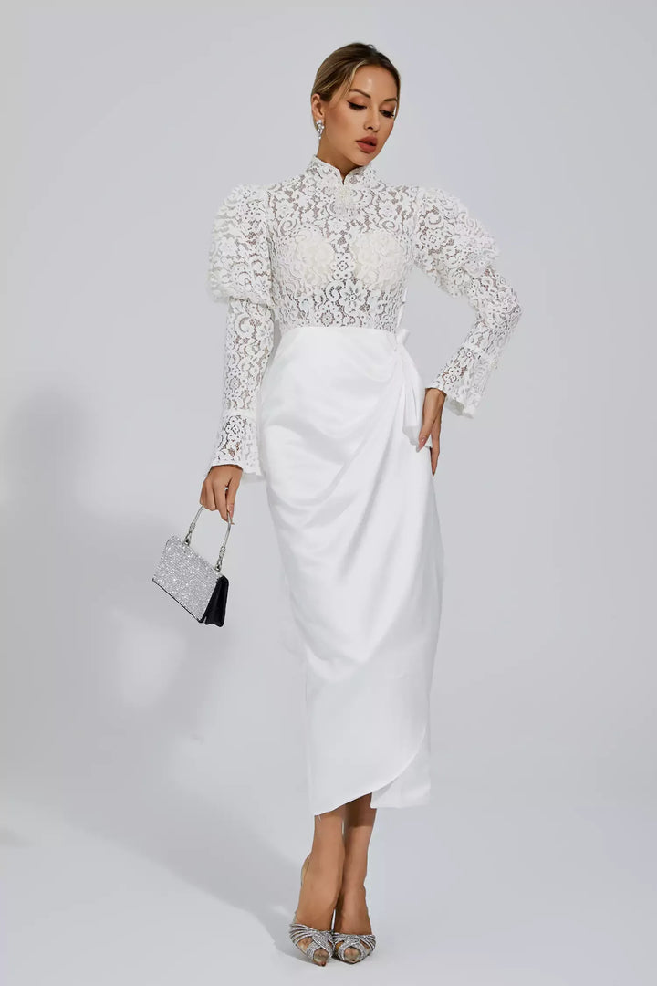 Kailey White Lace Bubble Sleeve Midi Dress