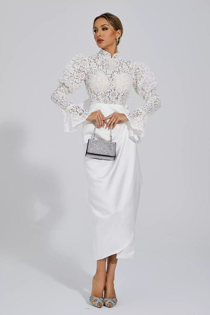 Kailey White Lace Bubble Sleeve Midi Dress