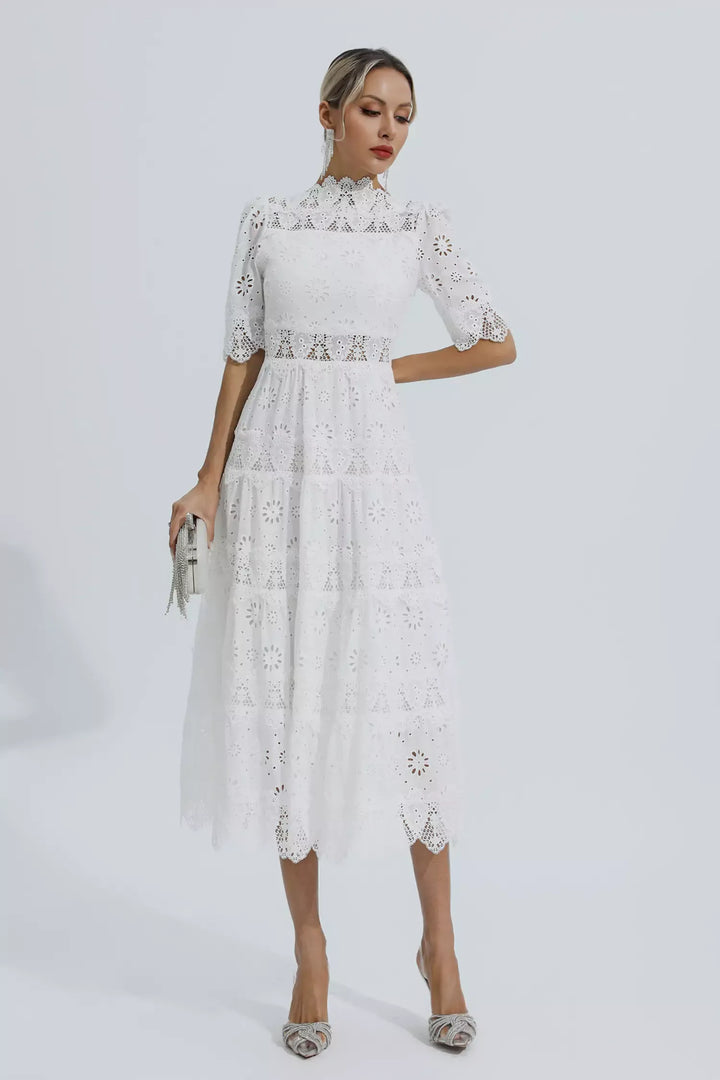 Kenna White Hollow Half Sleeve Midi Dress