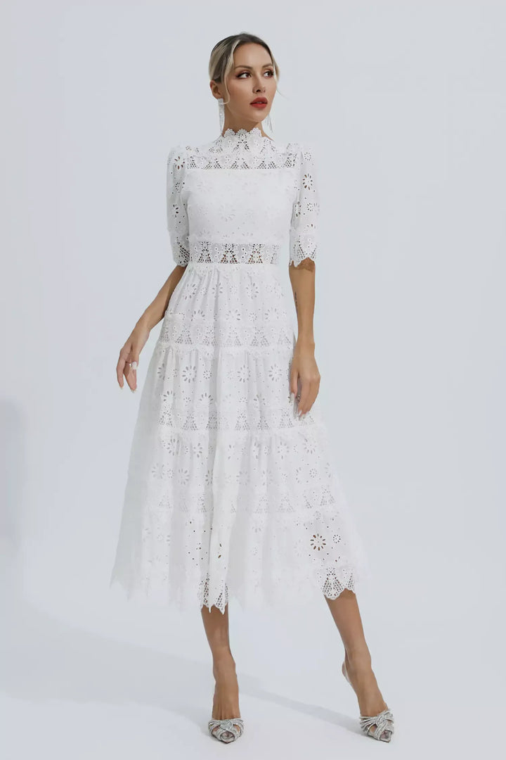 Kenna White Hollow Half Sleeve Midi Dress