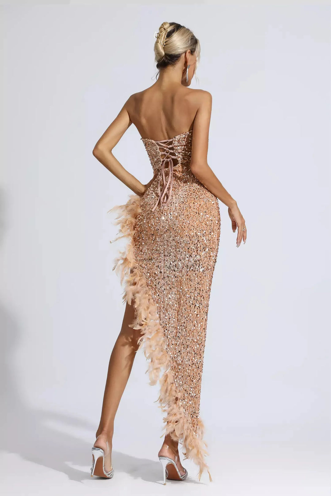 Kira Champagne Sequin Feather Dress