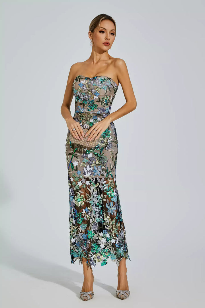 Leanna Blue Flower Embroidered Maxi Dress