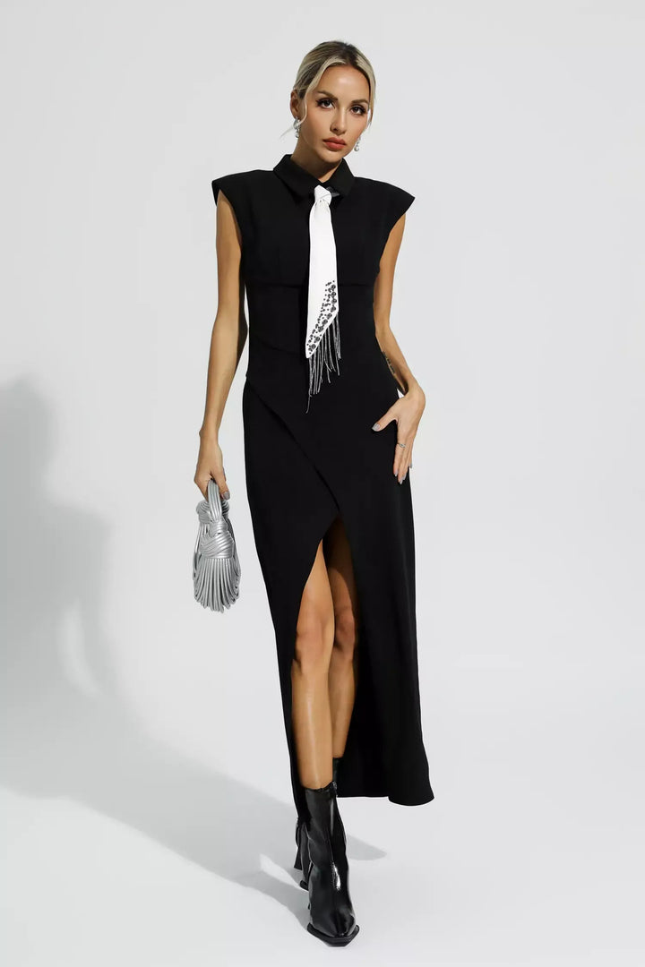 Black Commuter Tie Slit Dress