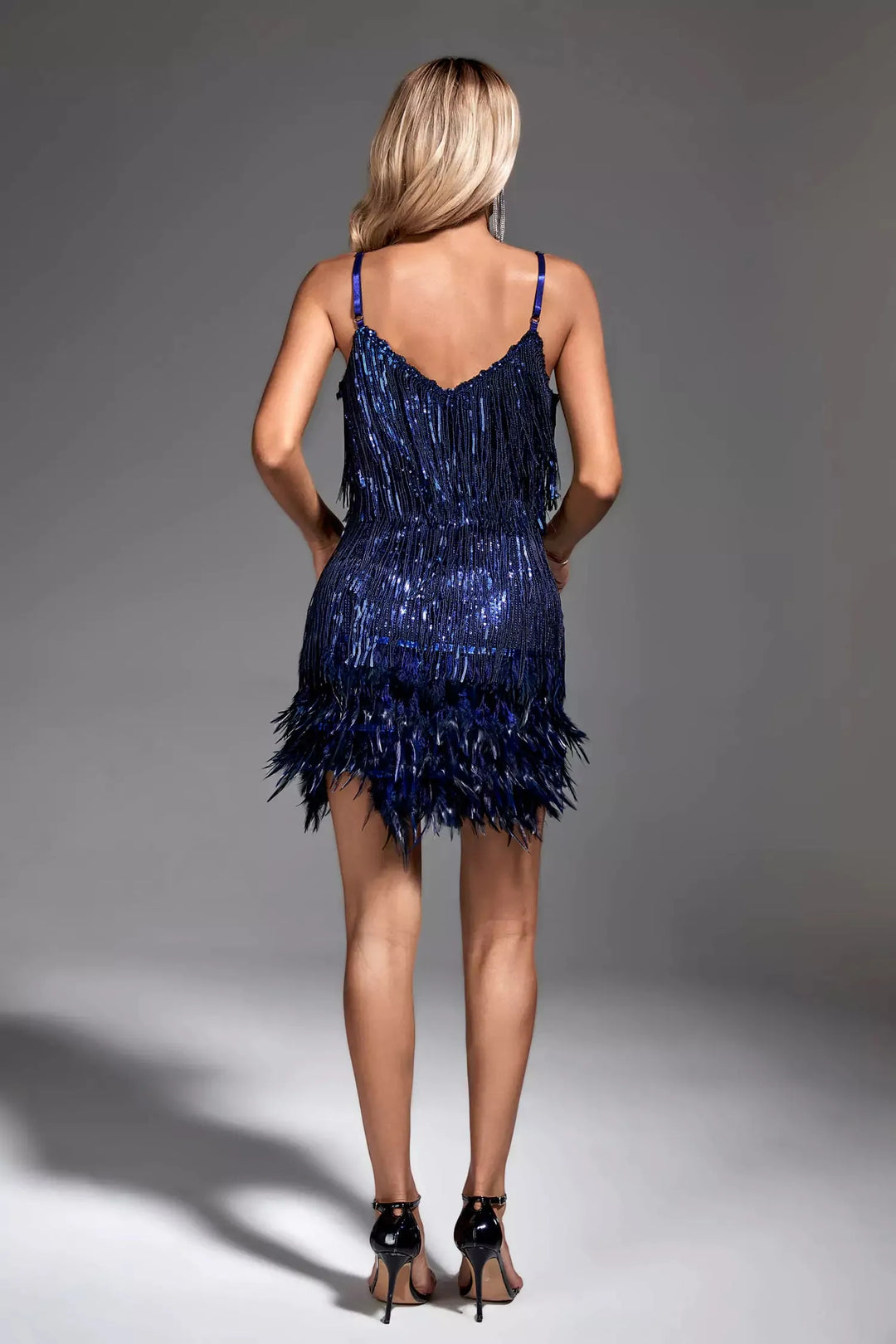 Lilliana Blue Feather Tassel Sequin Mini Dress