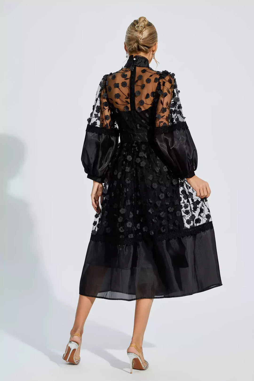 Lillie Black Mesh Flower Midi Dress