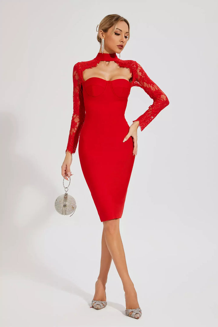 Liv Red Lace Sleeve Bandage Dress