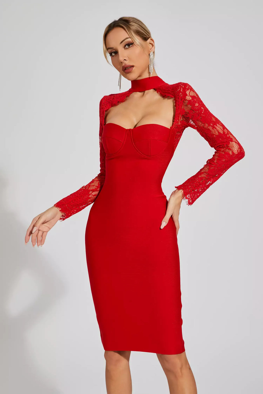 Liv Red Lace Sleeve Bandage Dress