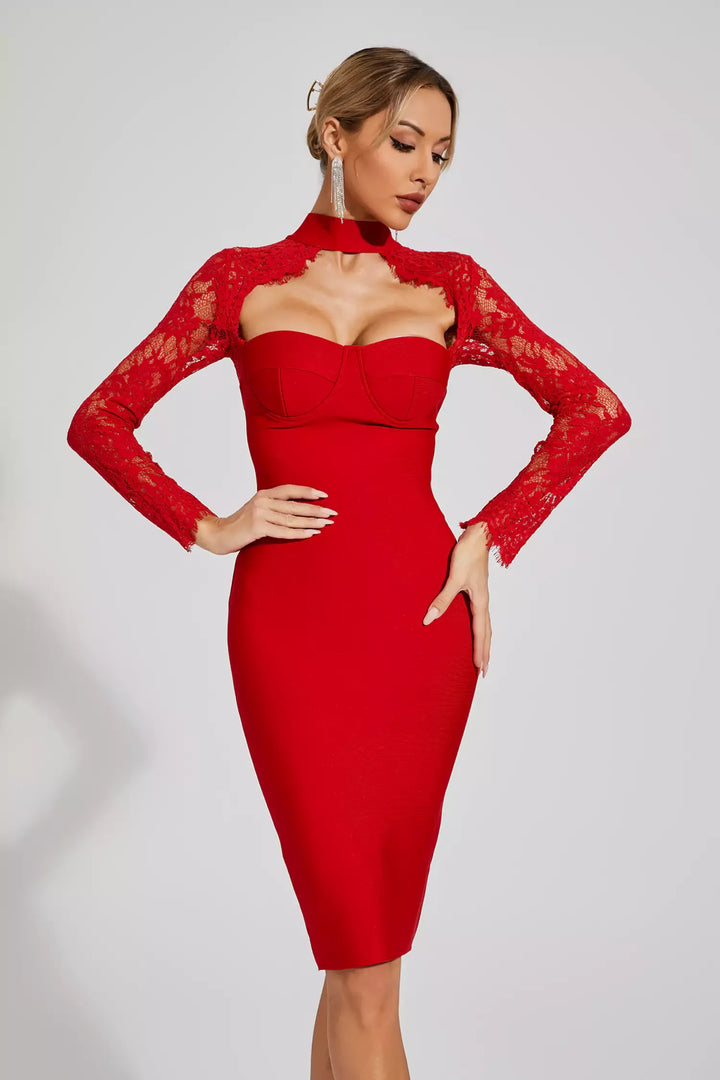 Liv Red Lace Sleeve Bandage Dress