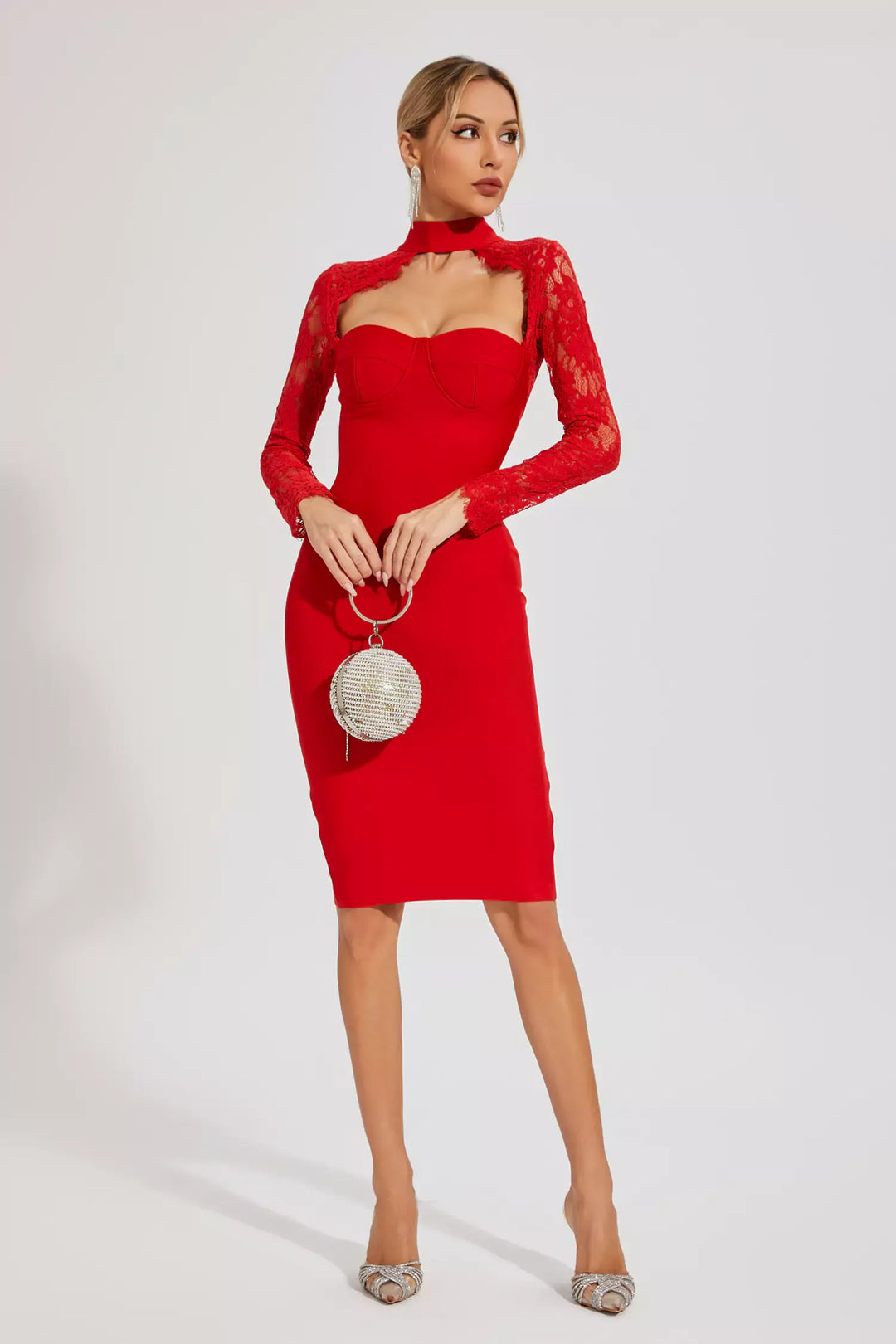 Liv Red Lace Sleeve Bandage Dress