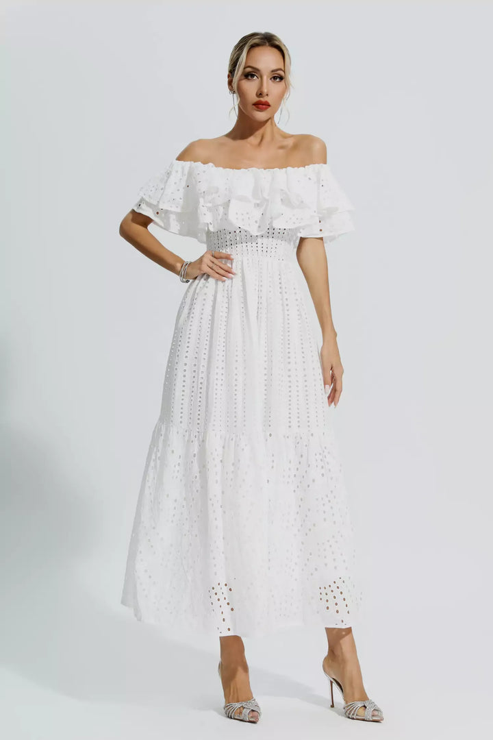 Malani White Cutout Ruffle Maxi Dress