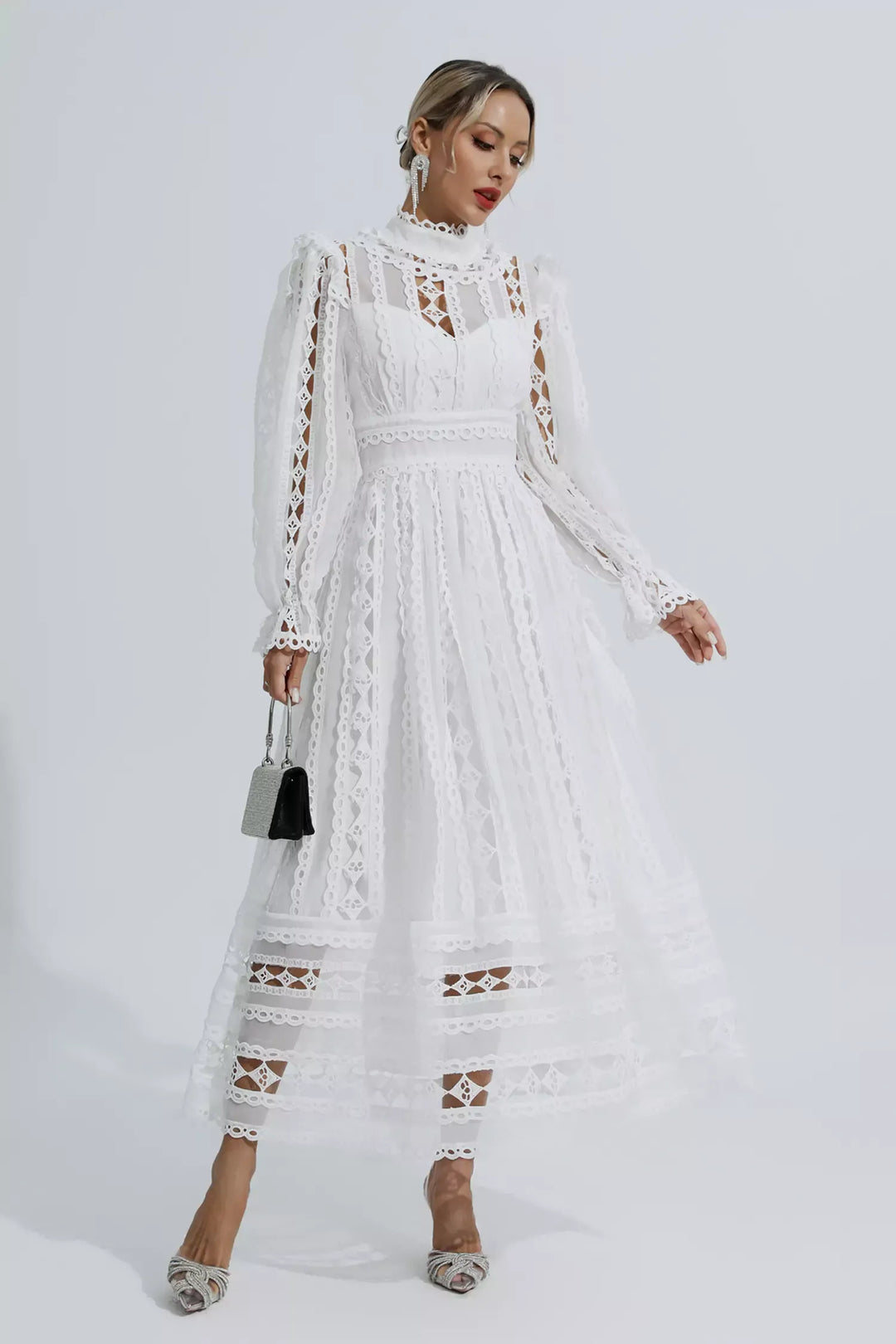 Mariam White Hollow Lace Long Sleeve Dress