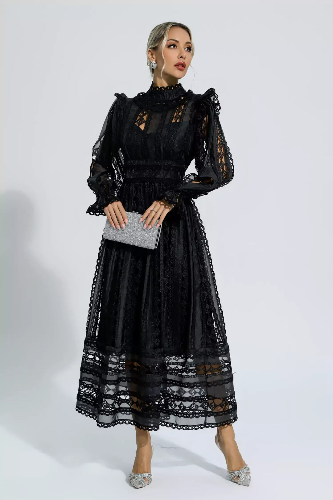 Mariam Black Hollow Lace Long Sleeve Dress