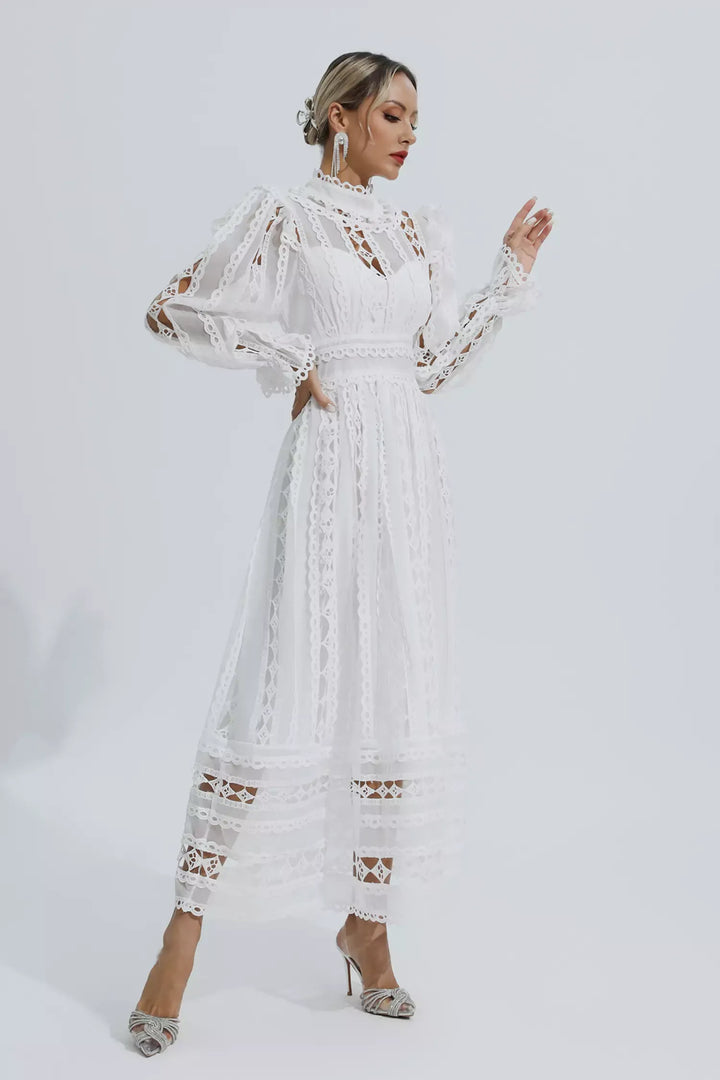 Mariam White Hollow Lace Long Sleeve Dress