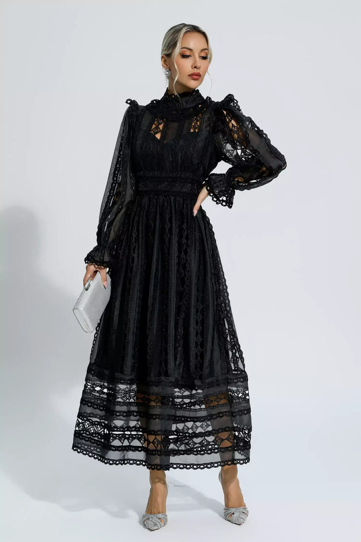 Mariam Black Hollow Lace Long Sleeve Dress