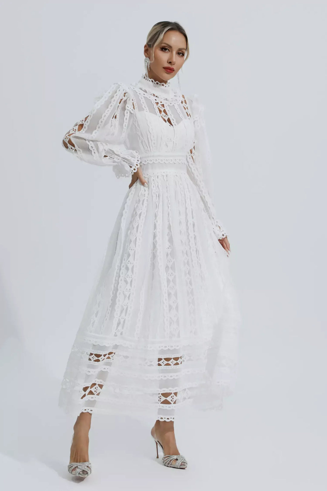 Mariam White Hollow Lace Long Sleeve Dress