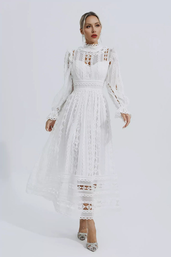 Mariam White Hollow Lace Long Sleeve Dress