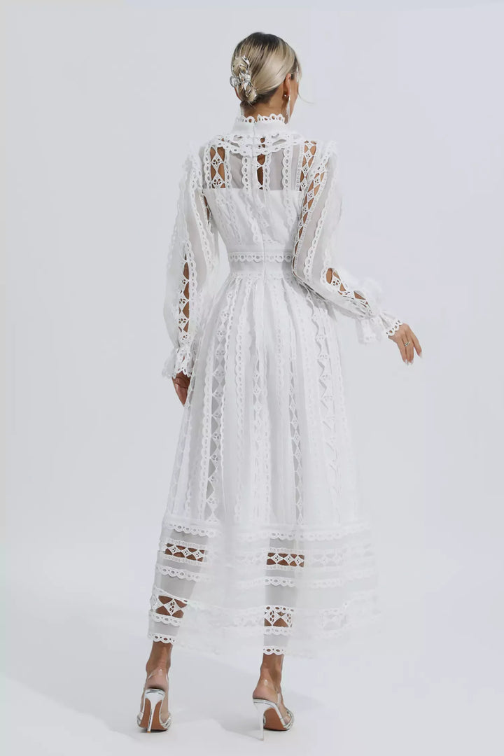 Mariam White Hollow Lace Long Sleeve Dress