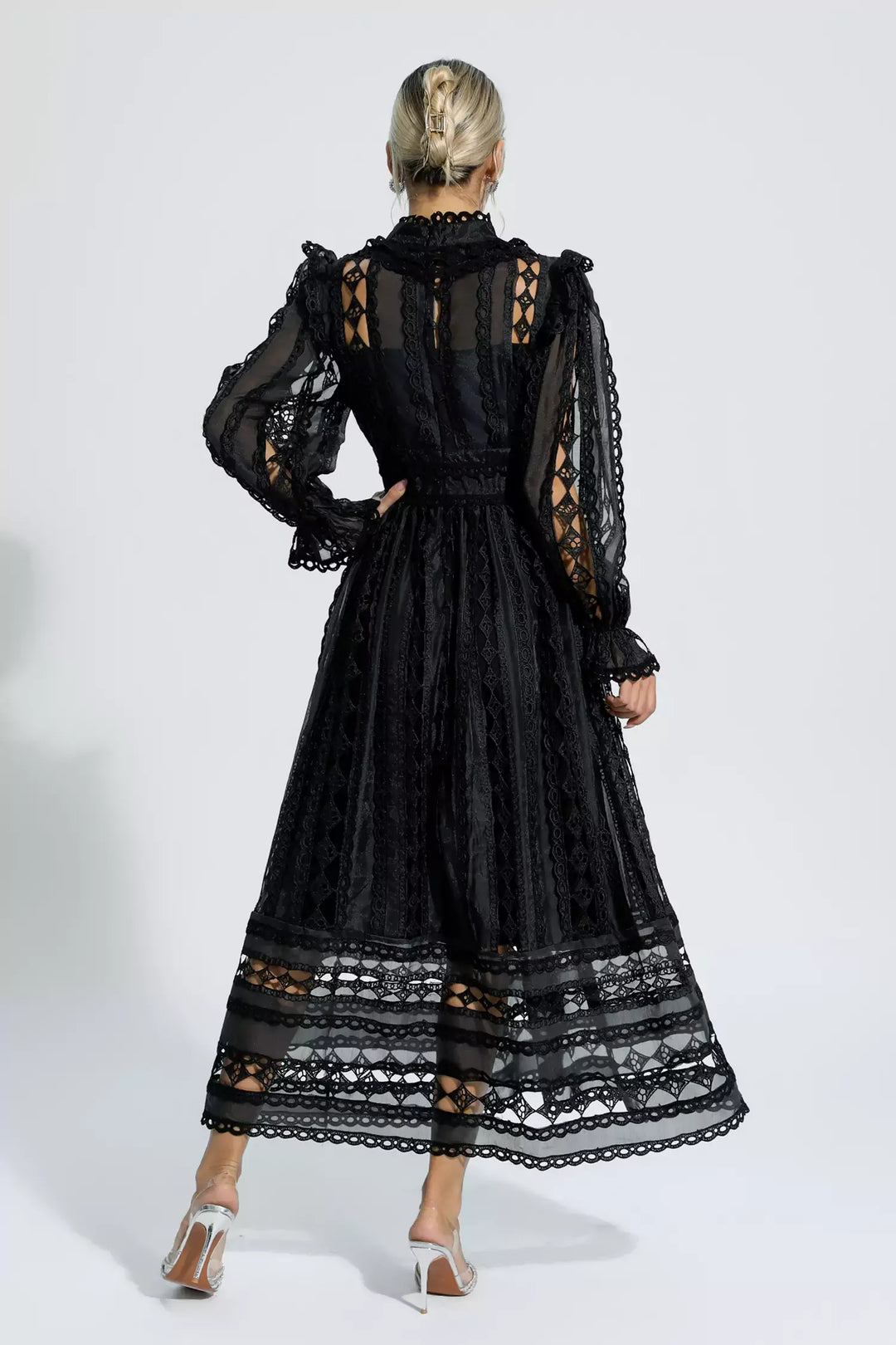 Mariam Black Hollow Lace Long Sleeve Dress