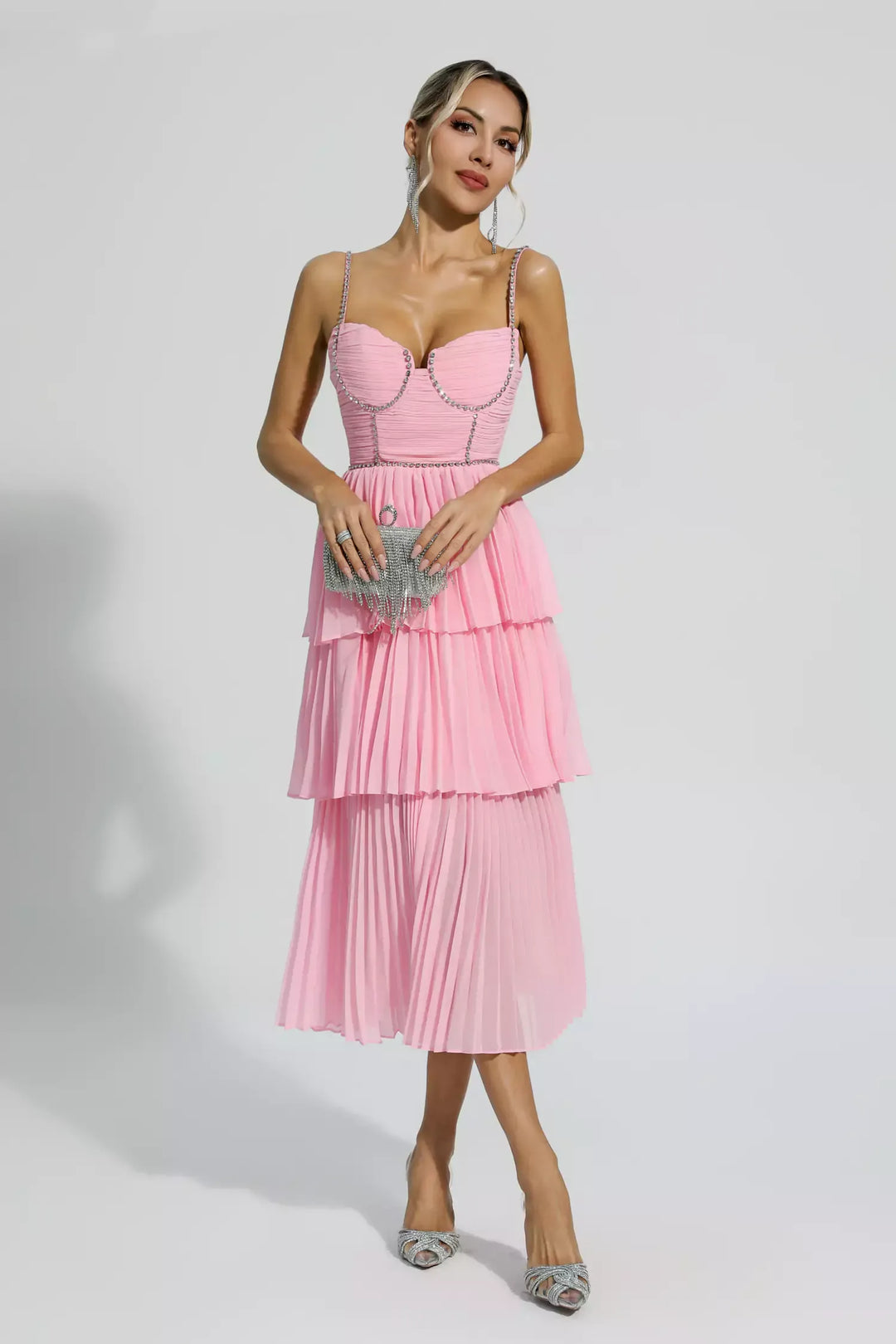 Meredith Pink Diamond Ruched Midi Dress