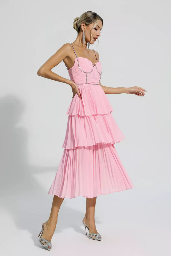 Meredith Pink Diamond Ruched Midi Dress