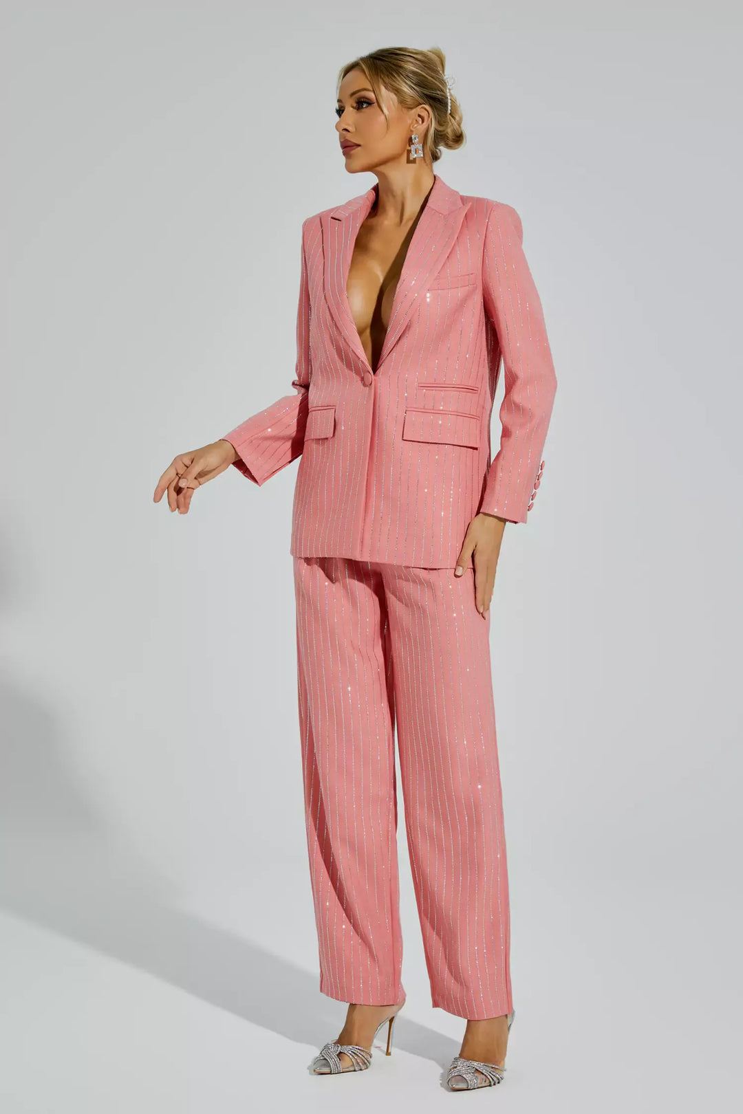 Merlin Pink Vertical Striped Blazer Set