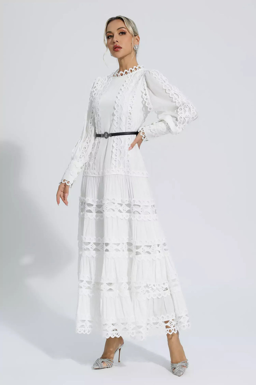 Mikayla White Hollow Ruffle Maxi Dress