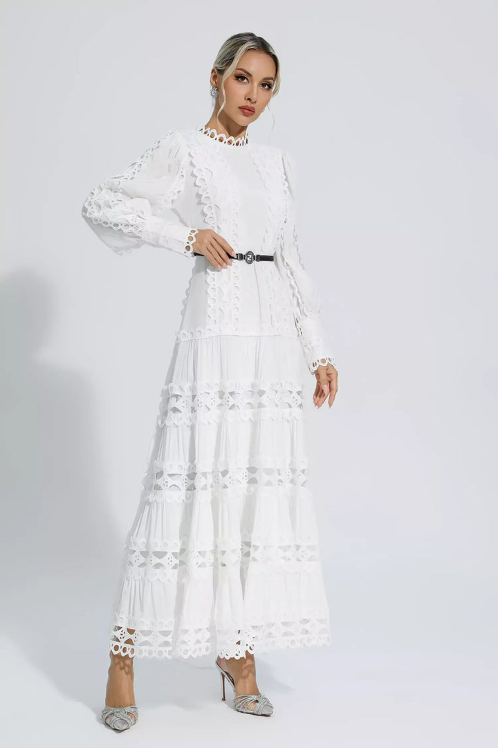 Mikayla White Hollow Ruffle Maxi Dress