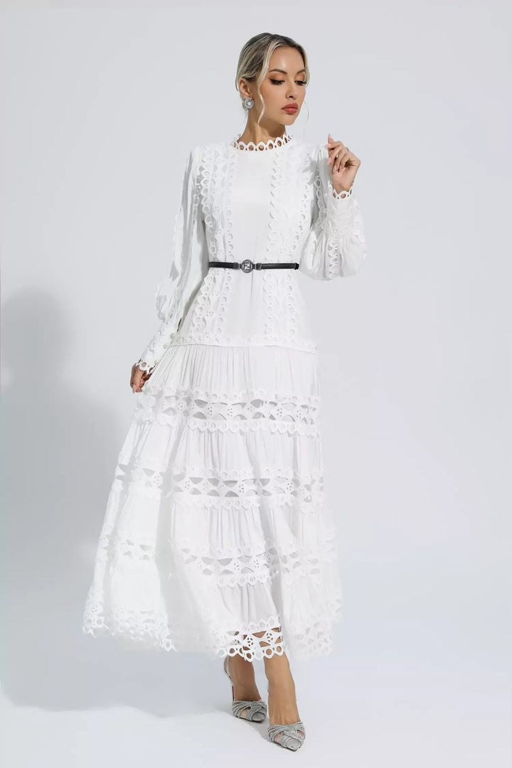 Mikayla White Hollow Ruffle Maxi Dress