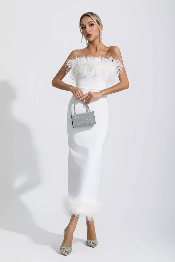 Noelle White Feather Off Shoulder Maxi Dress