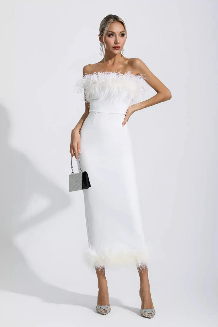 Noelle White Feather Off Shoulder Maxi Dress