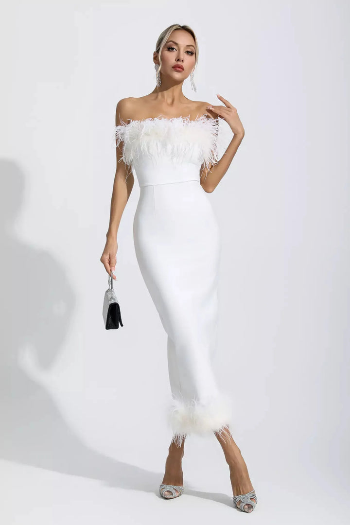 Noelle White Feather Off Shoulder Maxi Dress