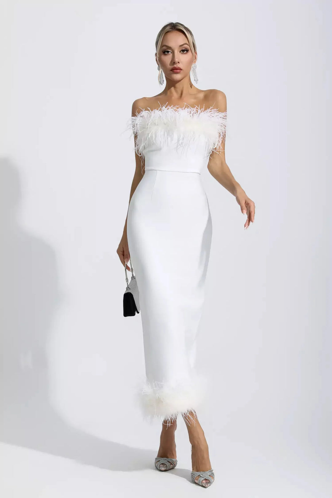 Noelle White Feather Off Shoulder Maxi Dress