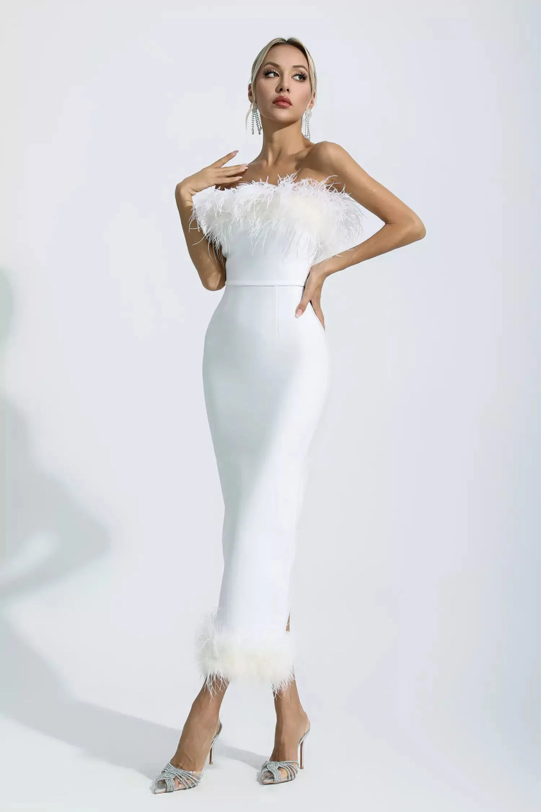 Noelle White Feather Off Shoulder Maxi Dress