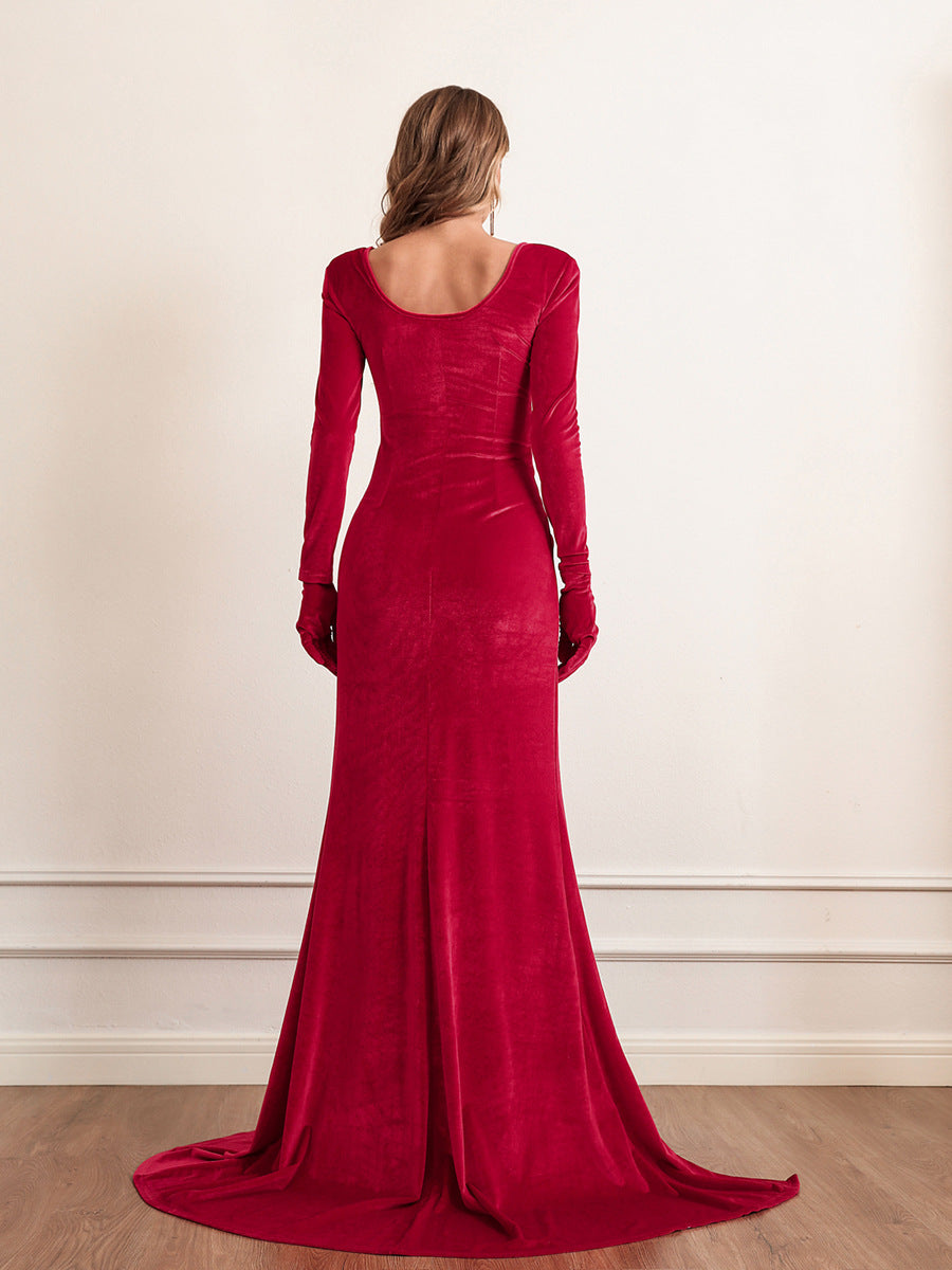 Temperament Solid Color Velvet Maxi Dress