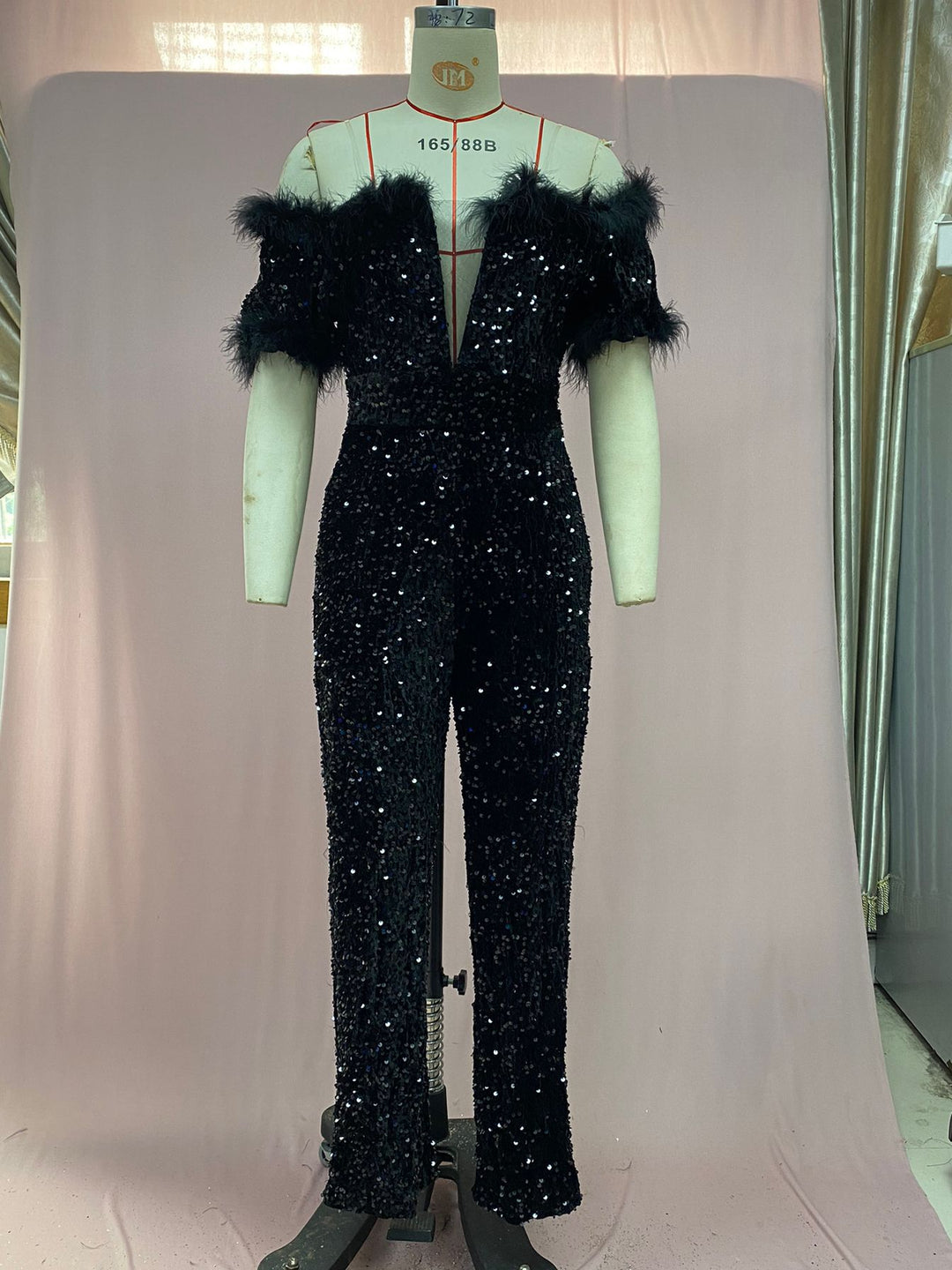 Temperament Off-Shoulder Feather Sequin Jumpsuit