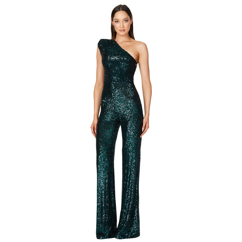 Simple Solid Color Shoulder Sequined Jumpsuit