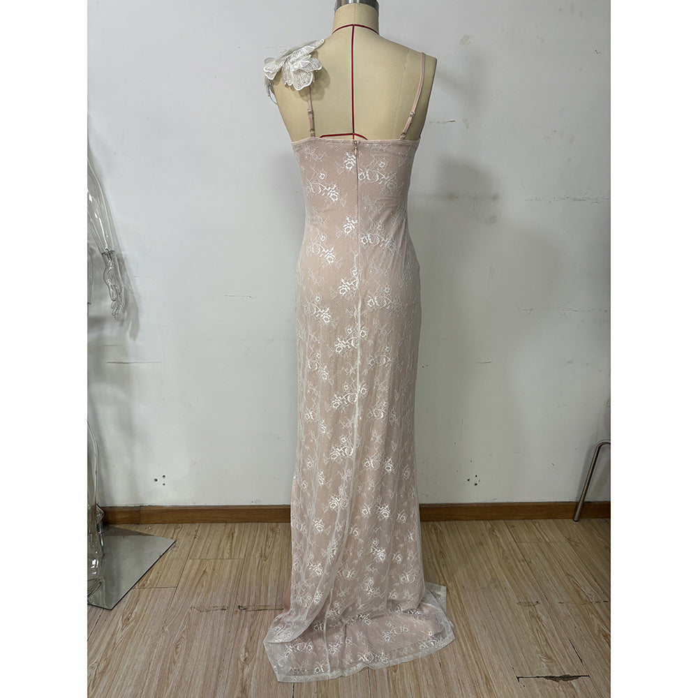 Elegant Lace Spliced Flower Maxi Dress