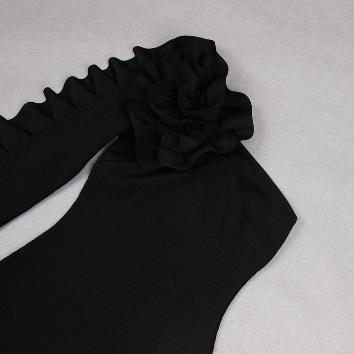 Black Ruffles Long-sleeved Bandage Maxi Dress