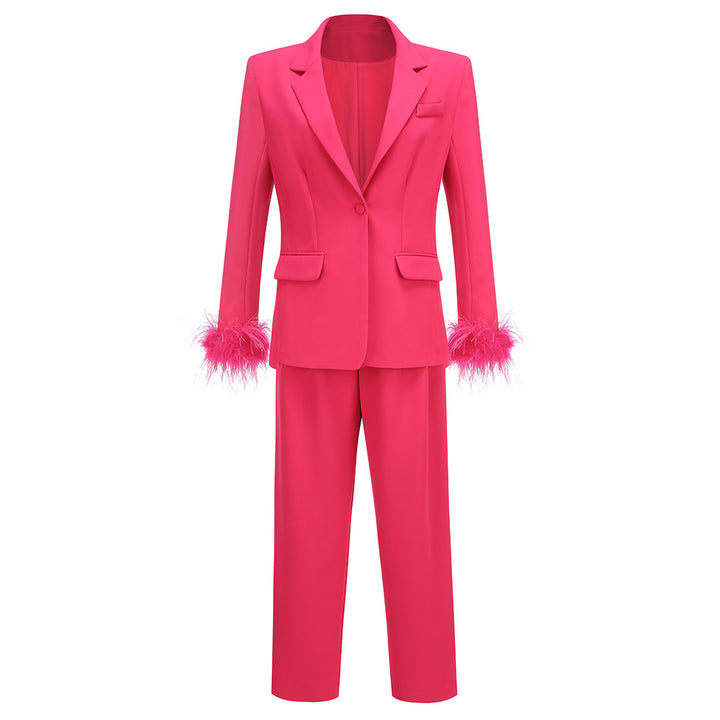 Alex Rose Red Feathered Blazer Set