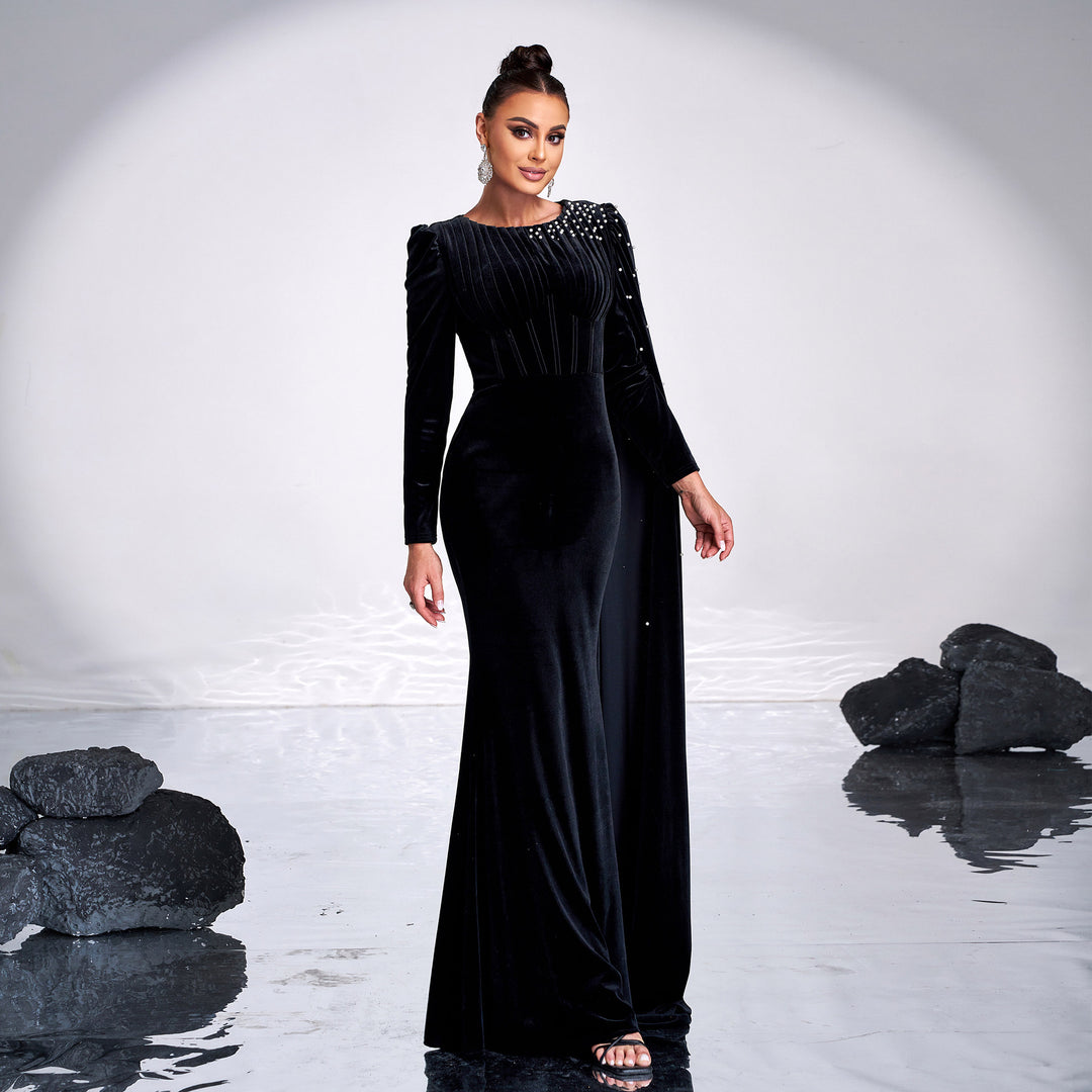 Vintage Long Sleeve Crew Neck Bead Maxi Dress