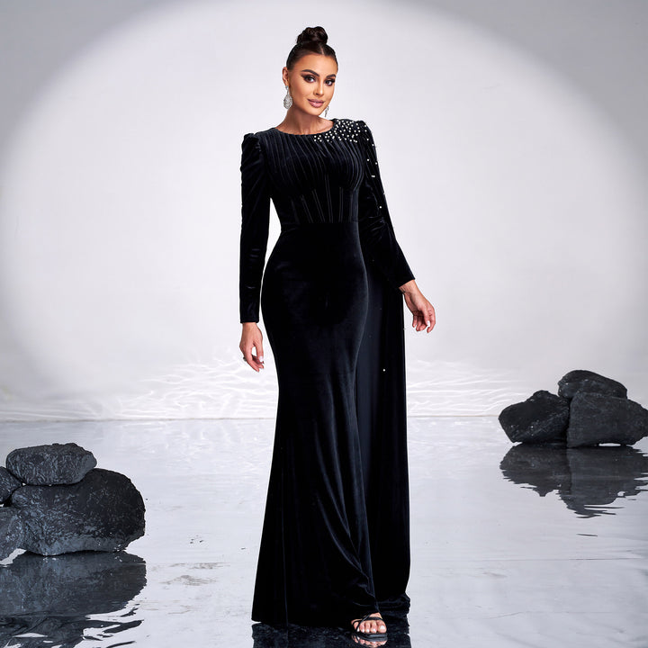 Vintage Long Sleeve Crew Neck Bead Maxi Dress