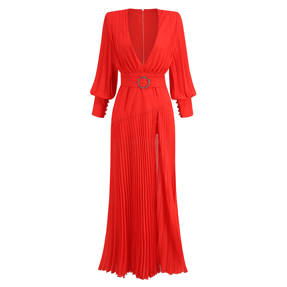 Retro Solid Color Lantern Sleeve Maxi Dress