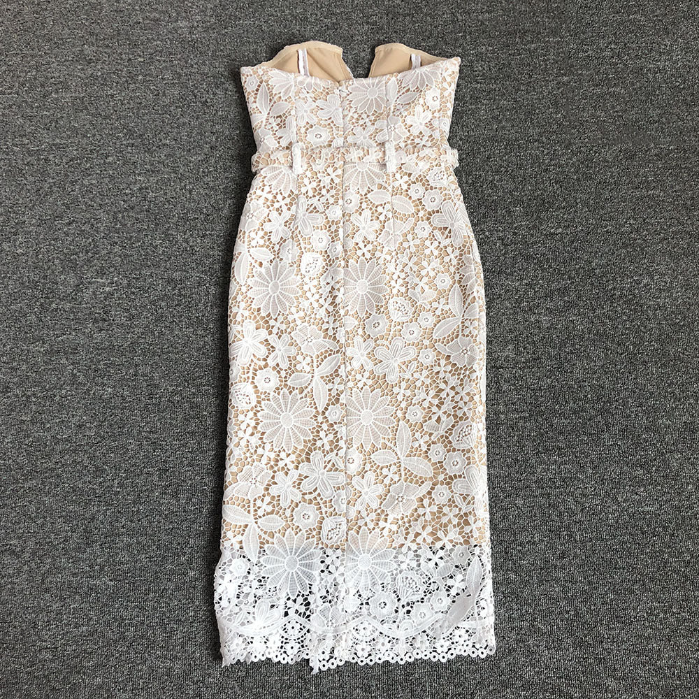 Elegant Tube Top White Lace Midi Dress