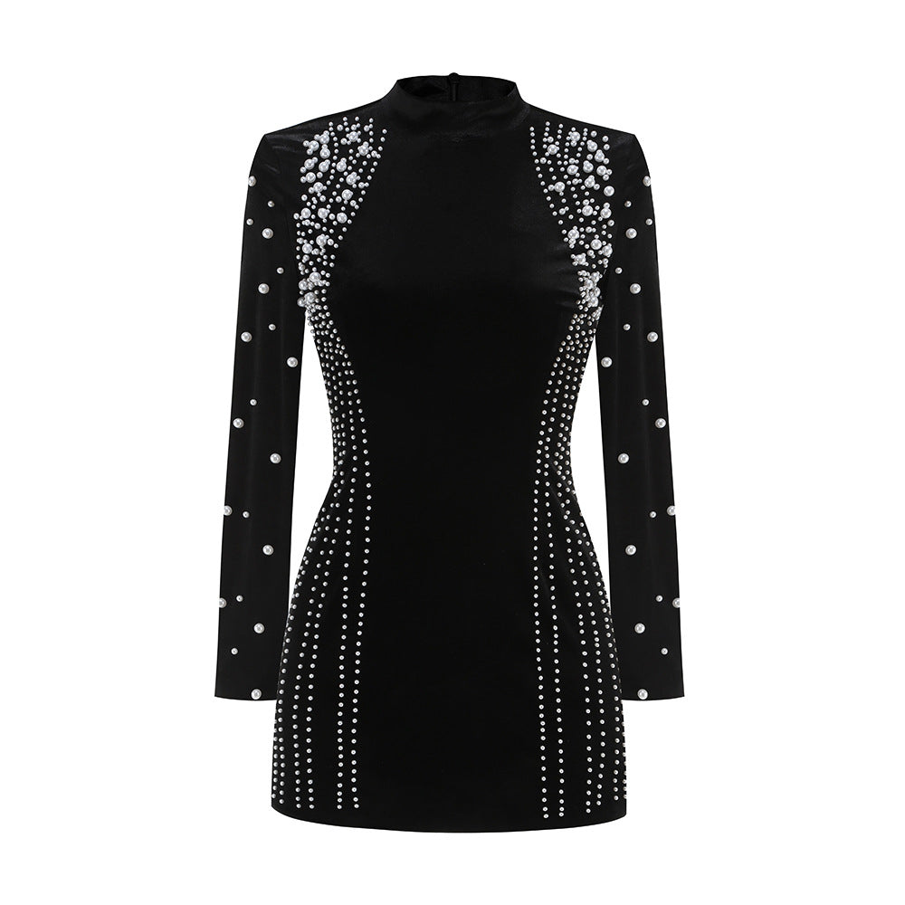 Elegant Long-sleeved Beaded Mini Dress