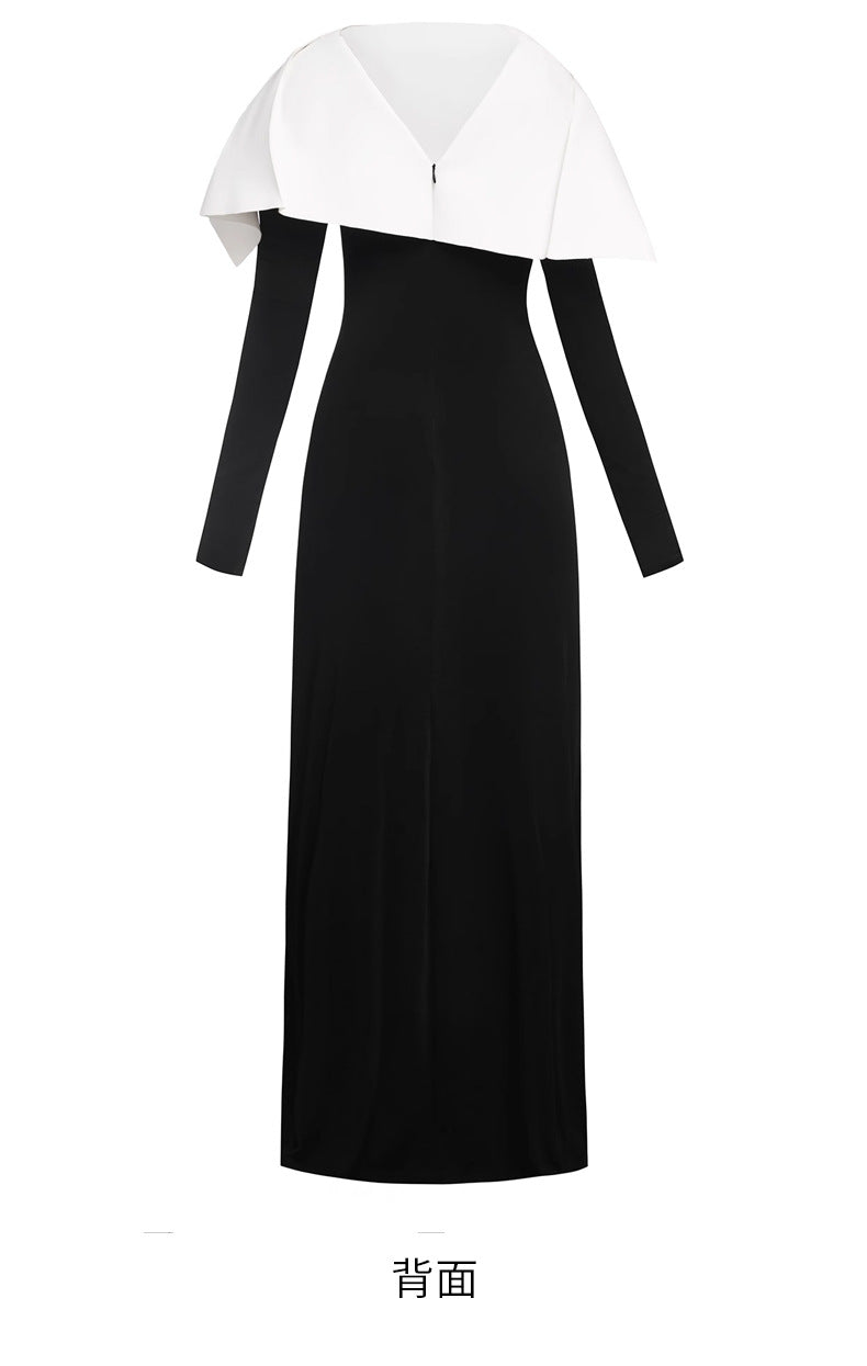 Temperament Black and White Color Matching Maxi Dress