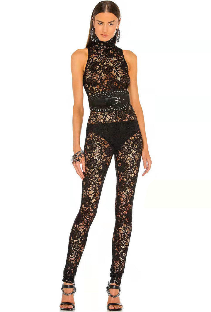 Elegant Black Belt Lace Jumpsuit