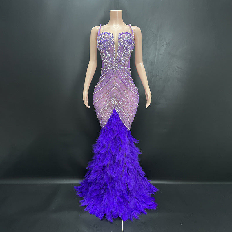 Elegant Feather Diamond Maxi Dress