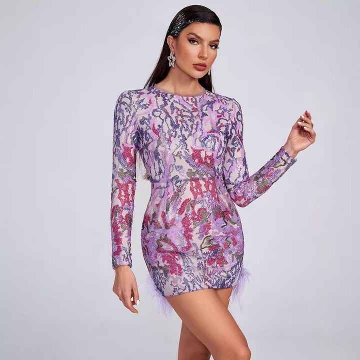 Elegant Beaded Sequined Feather Mini Dress