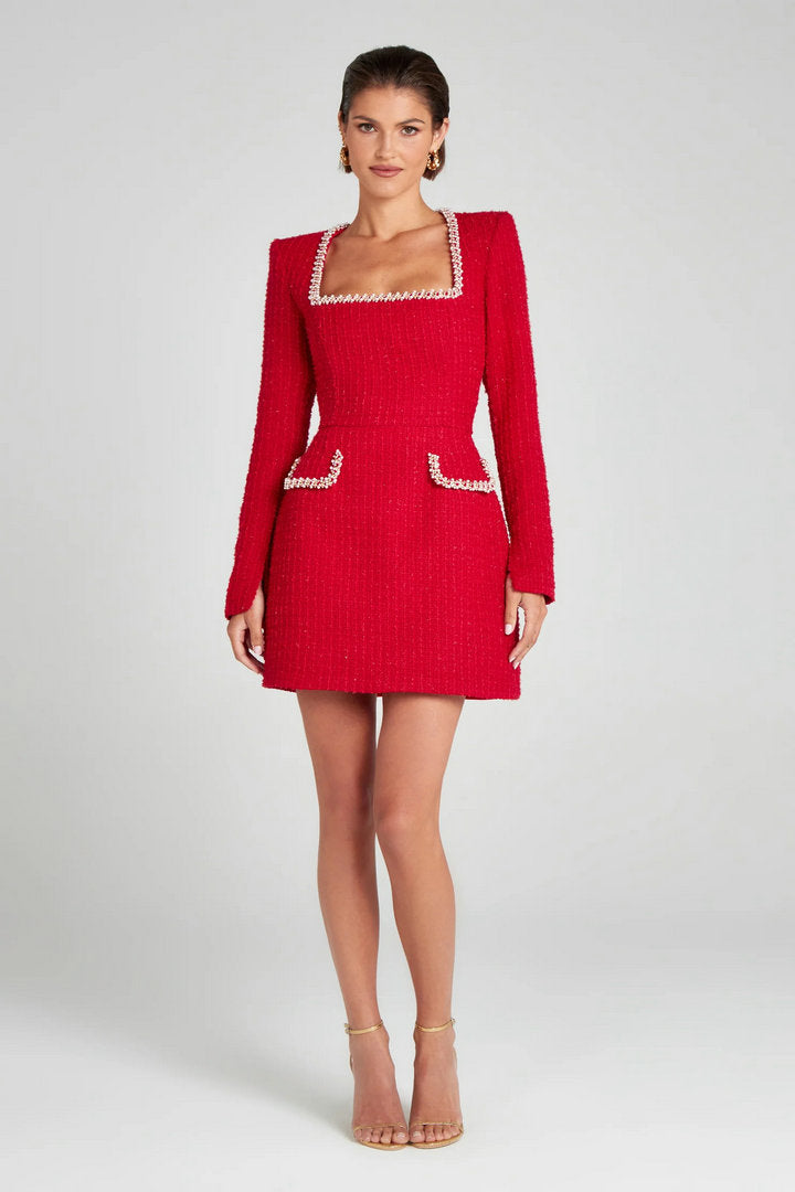 Temperament U-neck Long-sleeved Bead Mini Dress