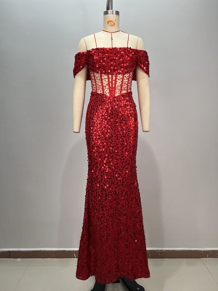 Fashion Tube Top Red Sequined Maxi Dress